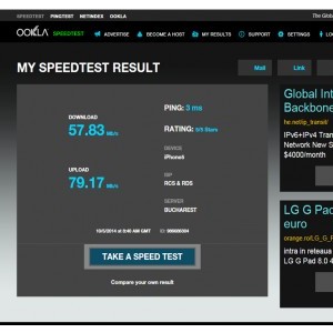 Test viteza internet facut cu un iPhone 5 la distanta de 5 m de Router.
