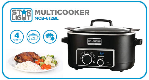 Star Light Multicooker MCB 612BL 1200W 5.5 l control digital functie slow cooker si gatire la abur vas anti aderent timer mentinere la cald negru PC Garage