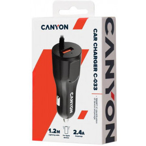 Canyon CNE-CCA033B, 1x USB, 2.4A, Black + cablu Lightning