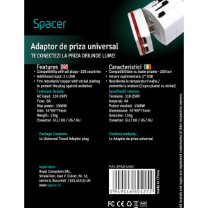 Spacer Universal, 2x USB, 10A, White