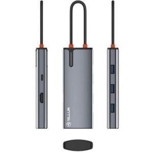 Tellur Hub USB-C 1x PD 3.0 100W, 1x HDMI 4K, 3x USB 3.0, aluminiu gri