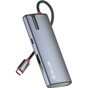 Tellur Hub USB-C 1x PD 3.0 100W, 1x HDMI 4K, 3x USB 3.0, aluminiu gri