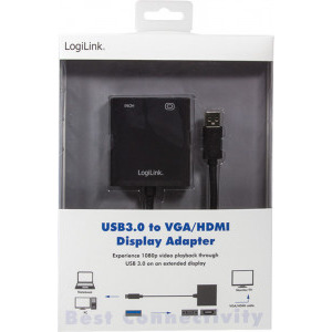 Logilink 1x USB 3.0 Male - 1x HDMI Female + 1x VGA Female Black