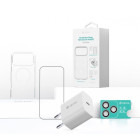Incarcator retea Devia Set 4 in 1 pentru iPhone 17 Pro Incarcator retea GaN PD 30W + husa silicon Magsafe + folie sticla Military-Grade cu aplicator + folie sticla camera