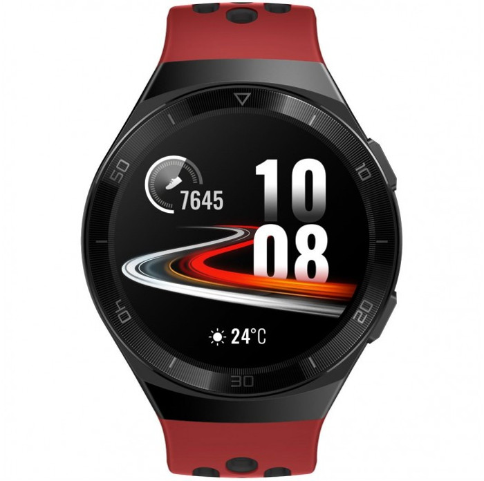 SmartWatch Huawei  Watch GT 2e, 46 mm, corp negru, curea silicon rosu, rezistent la apa, senzor HR, Bluetooth, GPS, SpO2