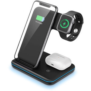 3-in-1 Wireless Qi Fast Charger 15W, Black, incarca simultan telefonul mobil, ceasul smart si castile