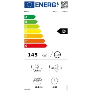 Beko BM3T41233WB EU, Pompa de caldura, 11 kg, Clasa D, ProSmart Inverter, EcoGentle, IronFinish, Iluminare interioara, Alb