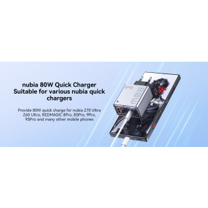 ZTE Nubia DAO 80W GaN, cablu inclus 100W, 3 porturi USB, Compatibil smartphone, laptop USB Type-C
