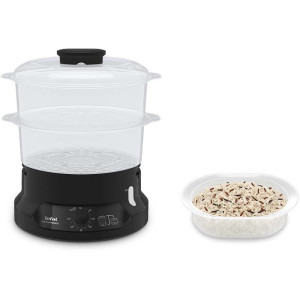 Tefal Aparat de gatit cu aburi, Aparat de gatit la aburi MiniCompact VC139810,800W, 6L, 2 compartimente, timer 60 min, indicator nivel apa, negru