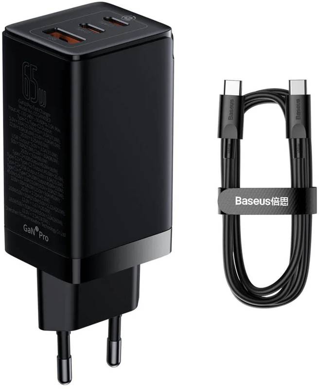 Incarcator retea Baseus GaN3 Pro, Quick Charge 65W, 1x USB, 2x USB-C + cablu USB-C