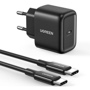 Incarcator retea Ugreen CD250, 1x USB-C, Quick Charge 4.0 25 W, Black + Cablu USB-C 2 m