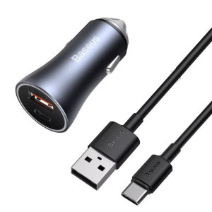 Incarcator auto Baseus Golden Contactor, 1x USB, 1x USB-C, 40W, Grey + cablu USB-C