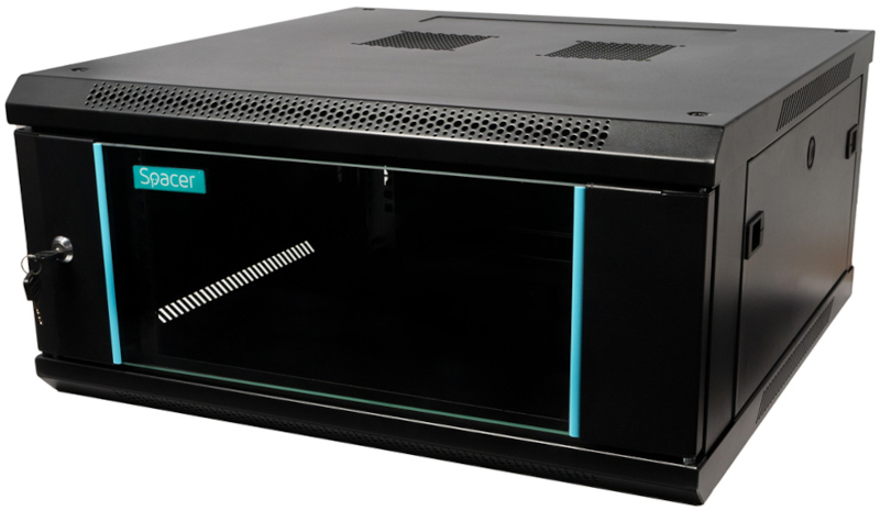 Cabinet metalic Spacer SPCW-4U-600-BK-03 4U, Wall mount, 600 x 600 mm, Glass door, Negru