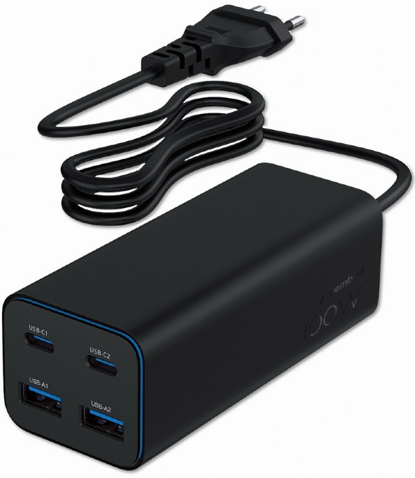 Incarcator retea Gembird TA-UC-2A2C-PD100-01-BK, 2x USB-C, 2x USB, Quick Charge 100 W, GaN, Black
