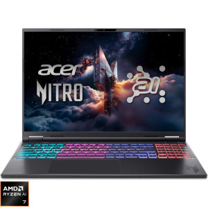 Laptop Acer Gaming 16 Nitro 16S AI AN16S-61, WUXGA IPS 180Hz, Procesor AMD Ryzen™ Al 7 350 (16M Cache, up to 5.0 GHz), 16GB DDR5, 1TB SSD, GeForce RTX 5060 8GB, No OS, Obsidian Black