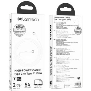 Lamtech USB-C Male la USB-C Male, 100W 2 m, White, amperaj maxim suportat 5A