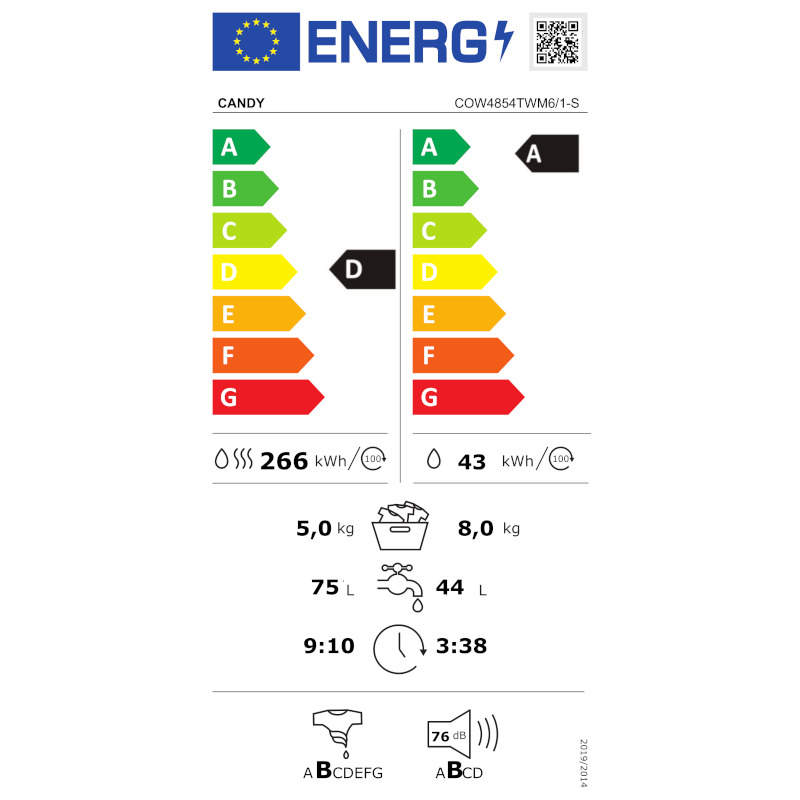 Masina de spalat rufe cu uscator Candy COW4854TWM6/1-S, Spalare 8 kg, Uscare 5 kg, 1400 RPM, Clasa A, Inverter, Quick&Clean, Alb