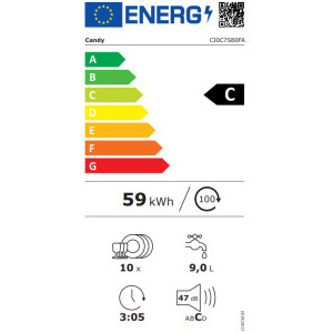 Candy CI0C7SB0FA, Slim, 10 seturi, 8 programe, Clasa C, Speed Drive Inverter, Deschidere automata usa, 45 cm
