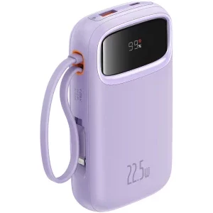 Baseus Qpow2, 10000 mAh, 1x USB, 2x USB-C, 22.5 W, Display, Cablu USB-C & Lightning integrat, Violet