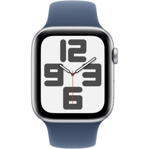 Apple Watch SE (2024), 44mm Aluminium Silver cu Denim Sport Band - M/L, GPS + Cellular