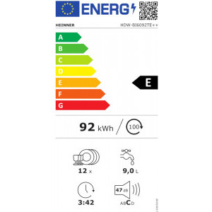 Heinner HDW-BI6092TE++, 12 seturi, 9 programe, Clasa E, Control touch, Half Load, AquaStop, 60 cm