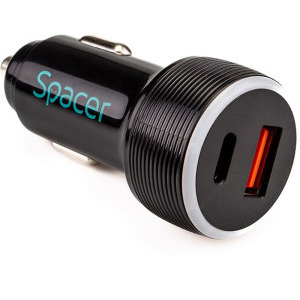Incarcator auto Spacer SPCC-DUOQ-01, 1x USB-C, 1x USB, Quick Charge 18W, White