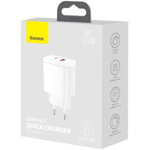 Baseus CCXJ-B02, 1x USB-C, 1x USB, Quick Charge 20W, White