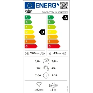 Beko BMM5DFO5741W, Spalare 7 kg, Uscare 5 kg, 1400 RPM, Clasa D, ProSmart Inverter, SteamCure, AddXtra, Alb