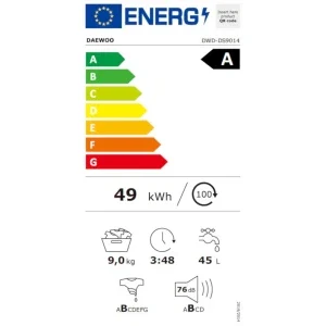 Daewoo DWD-DS9014, 9 kg, 1400 RPM, Clasa A, Inverter, Alb