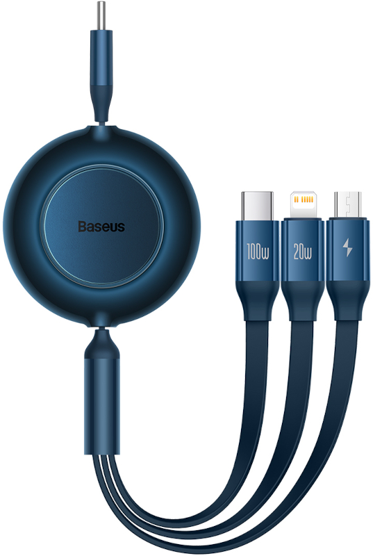 Cablu de date / adaptor Baseus Bright Mirror 2, USB-C Male la USB-C Male & MicroUSB Male & Lightning Male, 100 W, Retractabil, 1.1 m, Blue