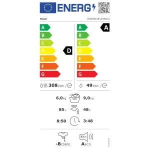 Haier HWD90-B14959U1-S, Spalare 9 kg, Uscare 6 kg, 1400 RPM, Clasa A, Direct Motion, Smart Dual Spray, I-Refresh, hOn, Alb