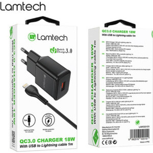Lamtech LAM020151, 1x USB, 18W, Quick Charge 3.0, Black + Cablu Lightning 1m