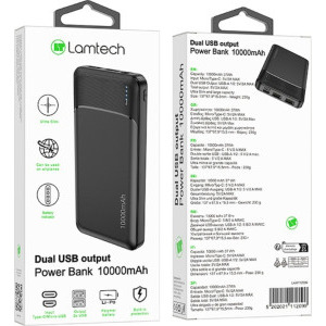 Lamtech LAM112099, 10000 mAh, 2x USB, 1x USB-C, Black