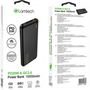 Lamtech LAM112891, 10000 mAh, 2x USB, 1x USB-C, Quick Charge 3.0 + Power Delivery 20W, Black