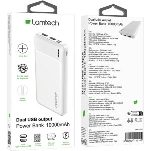 Lamtech LAM112105, 10000 mAh, 2x USB, 1x USB-C, 1x MicroUSB, White