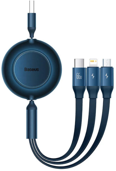 Cablu de date / adaptor Baseus Bright Mirror, USB Male la USB-C Male & MicroUSB Male & Lightning Male, 66 W, Retractabil, 1.1 m, Blue