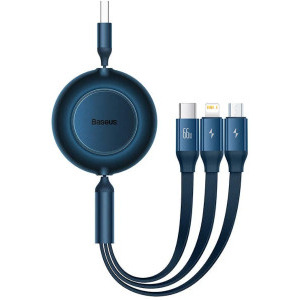 Cablu de date / adaptor Baseus Bright Mirror, USB Male la USB-C Male & MicroUSB Male & Lightning Male, 66 W, Retractabil, 1.1 m, Blue