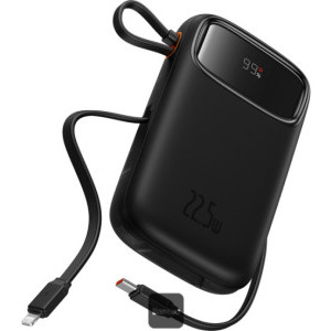 Baterie externa Baseus Qpow2, 20000 mAh, 1x USB, 2x USB-C, 22.5 W, Display, Cablu USB-C & Lightning integrat, Black