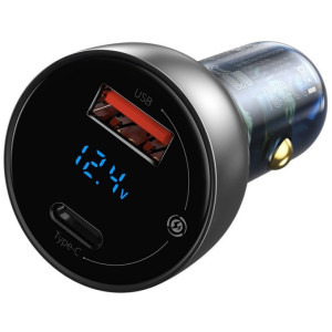 Incarcator auto Baseus Particular Digital Display, 1x USB-C, 1x USB, 65 W, Display, Grey