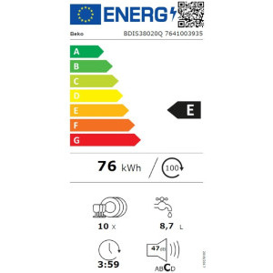 Beko BDIS38020Q, Slim, 10 seturi, 8 programe, Clasa E, AquaIntense, ProSmart Inverter, Hygiene Intense, 45 cm