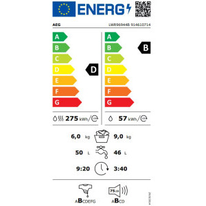 AEG LWR96944B, Spalare 9 kg, Uscare 6 kg, 1400 RPM, Pompa de caldura, Inverter, Clasa B, AbsolutCare, SensiDry, ProSense, Alb