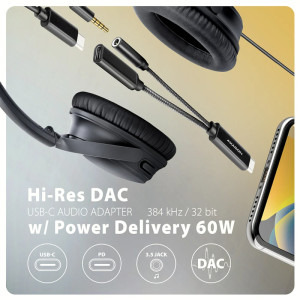 AXAGON 1x USB-C Male - 1x Jack 3.5mm, 1x USB-C Female, PD 60W, Black