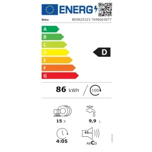 Beko BDIN25323, 15 seturi, 5 programe, Clasa D, Hygiene Intense, SteamGloss, SelfDry, WaterSafe, 60 cm