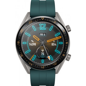 Huawei WATCH GT, Bluetooth, GPS, corp argintiu, curea silicon verde, rezistent la apa, senzor HR