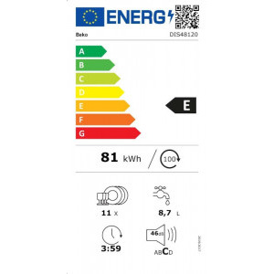 Beko DIS48120, Slim, 11 seturi, 8 programe, Clasa E, ProSmart Inverter, Extra Drying, AquaIntense, Mini 30’, 45 cm