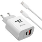 Cablu de date / adaptor Lemontti 1x USB-C, 1x USB QC Charge 3.0, Whitehb  + USB-C Male la USB-C Male, 20W, 1m, White