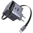 Incarcator retea Ugreen X615, 1x USB-C, 1x USB, Quick Charge 65 W, Cablu USB-C integrat, Grey