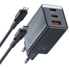 Incarcator retea Mcdodo Mini Pro Fast Charger, 1x USB, 2x USB-C, 67W, Black + Cablu USB-C la Lightning, 1.2m, Black