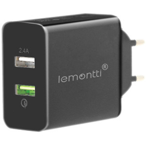 Lemontti 2x USB QC 3.0, 30W, Fast Charge + USB 2.4A Black