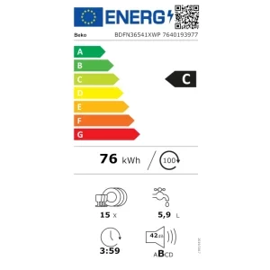 Beko BDFN36541XWP, 15 seturi, 11 programe, Clasa C, ProSmart Inverter, PowerIntense, SelfDry, AquaFlex, HomeWhiz, 60 cm, Inox